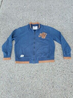Vintage 90s Rocawear Men's Blue Zip-Up Jacket with Tan Trim Size XXL